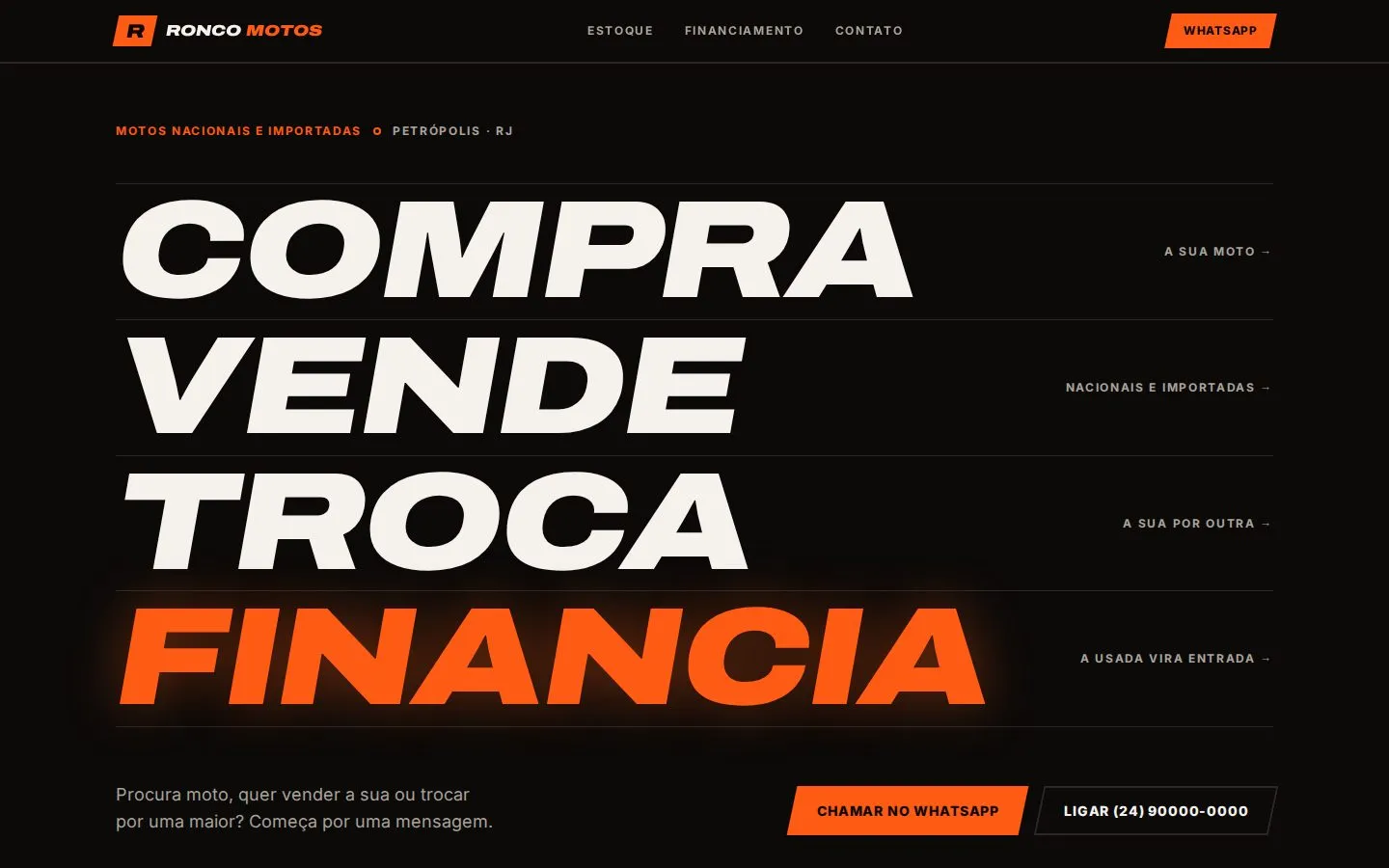 Primeira tela da landing page da Ronco Motos